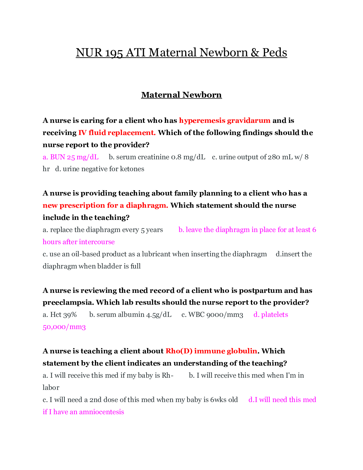 Preview of NUR 195 ATI Maternal Newborn & Peds | NUR195 ATI Maternal Newborn & Peds